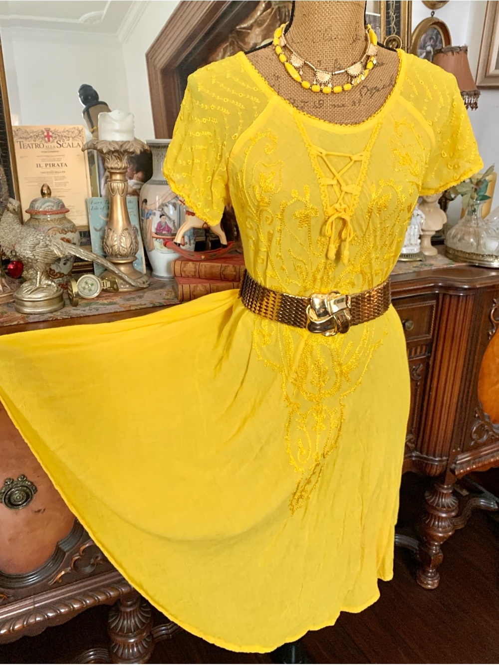 Vintage Golden Yellow Floral Embroidered Boho Spring Summer Dress or Nightie